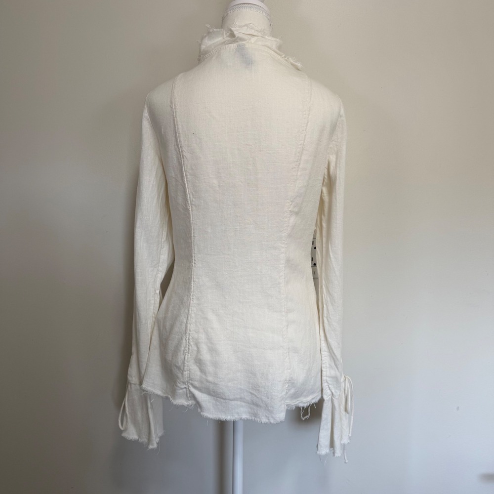 H&M Divided Ruffle Tie Front Linen Blend Blouse Size Small Cream Fairycore Boho - Picture 2 of 10